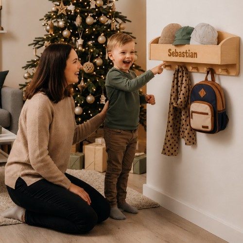 Weihnachtsszene mit Mutter und Kind, die sich über eine personalisierte Garderobe freuen; Produkt hängt an der Wand, Gravur gut lesbar, Weihnachtsbaum daneben.